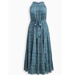 Torrid Tiered Maxi Dress Womens Sz 1x Blue Plaid Lindsey High Neck Feminine